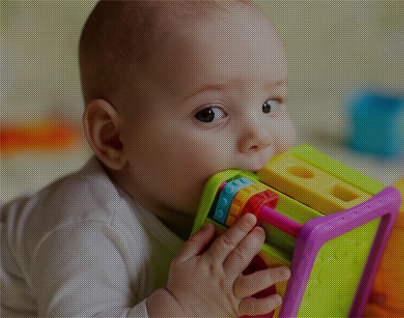 Малюк тягне іграшку в рот